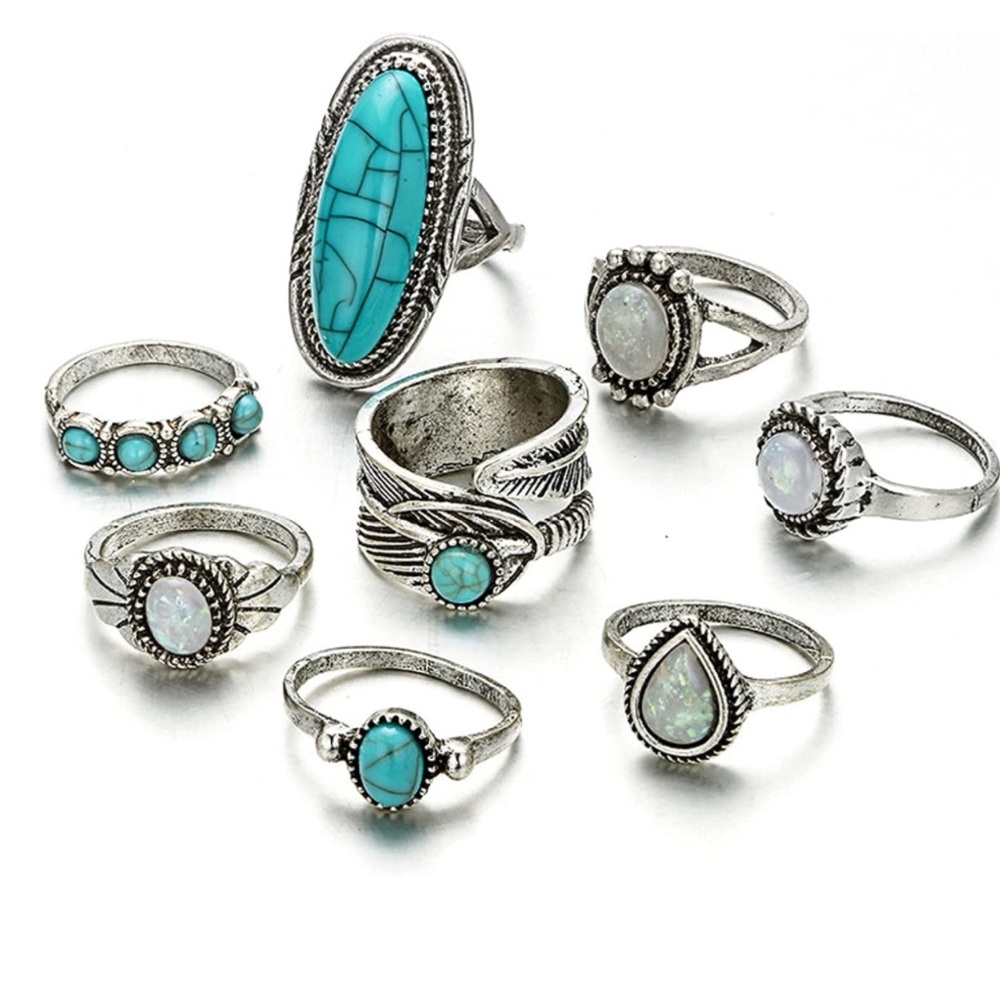 Turquoise Boho Blue Ring Set